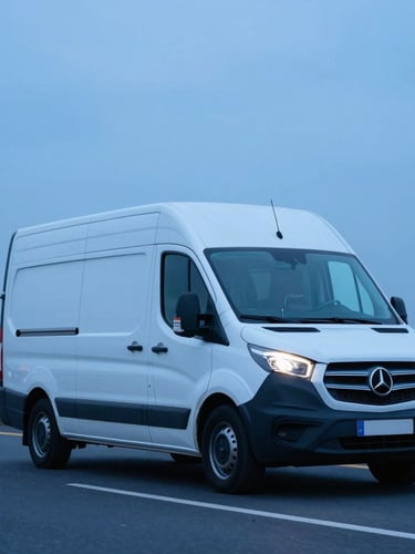 Low-angle tracking shot of a clean white refrigerated transport van driving on a Dutch highway during early morning blue hour, sharp focus, cool blue tones