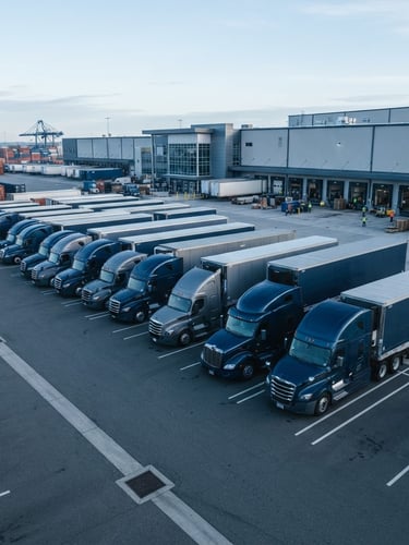 Wide environmental shot of a modern fleet of freight trucks parked in a clean shipping terminal under crisp morning daylight, cool steel blue tones