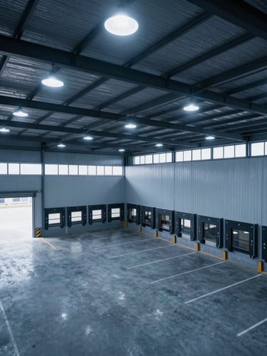 High-angle clean warehouse interior with high-bay lighting, an organized loading dock visible, cool morning daylight, blue tones.