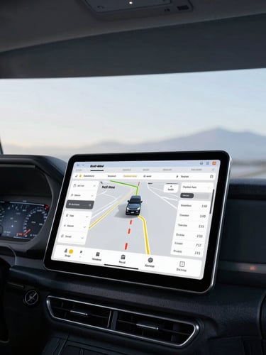A tablet displaying real-time routing analytics and fleet tracking inside a modern truck cabin, cool morning daylight, professional commercial lighting