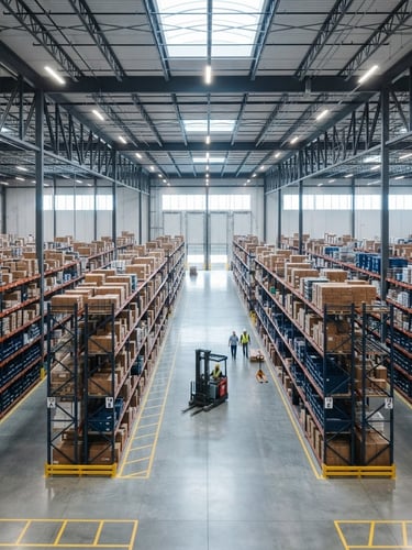 High-angle shot of clean warehouse interior with high-bay lighting and organized racks, deep navy and steel gray tones, premium commercial photography, cool morning daylight