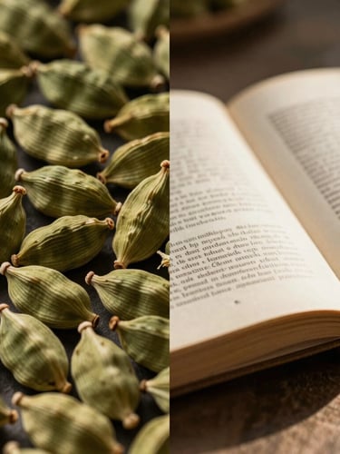 A minimalist, high-contrast split composition. On the left, a macro shot of raw green cardamom pods; on the right, an open heavy-paper academic book in warm morning light.