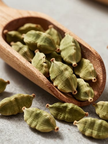 A close-up of unprocessed green cardamom pods in a rustic wooden scoop, sharp natural daylight, textured surface.