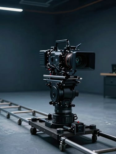 Wide cinematic environmental shot of a professional camera rig on a dolly track in a sleek modern studio, high-contrast lighting, deep blue and charcoal tones, anamorphic lens, shallow depth of field