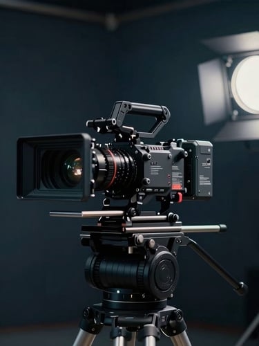 Cinematic wide shot of a high-end camera rig on a professional set, moody studio lighting with deep navy tones, anamorphic lens flare, shallow depth of field