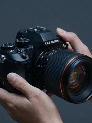 Cinematic close-up of hands adjusting a professional camera lens, moody studio lighting, sharp focus on mechanical details, navy and charcoal tones.