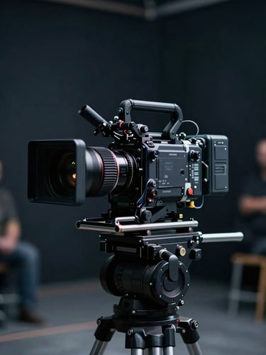 Wide cinematic shot of an anamorphic camera rig on a professional film set, high-contrast studio lighting, deep navy and charcoal tones, shallow depth of field