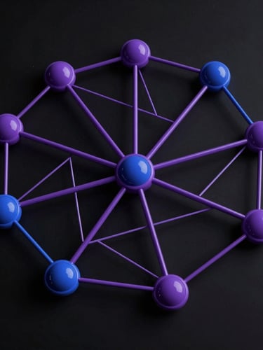 Ultra-wide schematic of a node-based network routing path in deep violet and blue on an absolute black canvas