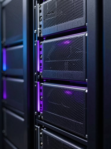 Macro photographic close-up of high-performance server racks in a dark data center, illuminated by sharp directional violet and indigo edge lights, clean technical composition.