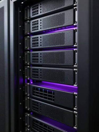 Macro close-up of standard server racks in a dark enterprise data center, moody low-key studio lighting with sharp directional violet edge lights, high technical precision.