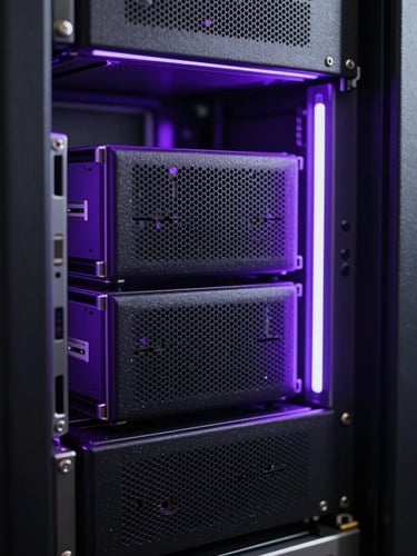 Macro close-up of high-performance server racks in a dark data center, illuminated by precise directional violet and indigo edge lights.
