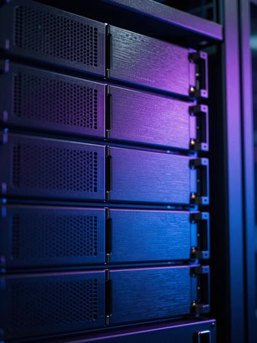 Macro close-up of high-performance server racks in a dark data center, moody blue and violet edge lights reflecting off brushed metal, ultra-precise vector lines overlaid.