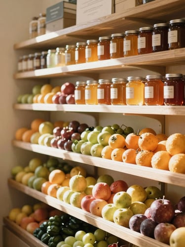 A warm cozy interior of a boutique green-grocery shop, wooden shelves filled with fresh colorful fruits, amber honey jars catching sun-drenched morning light, 35mm photography