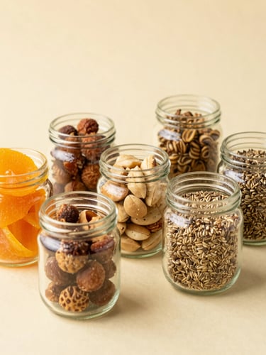 A beautiful arrangement of dried fruits, nuts, and clean glass jars filled with seeds on a warm pastel background, soft morning light