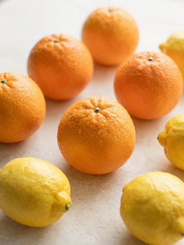 Close-up of vibrant ripe oranges and yellow lemons on a light cream pastel stone surface, soft morning light, warm organic tones, shallow depth of field, 35mm photography