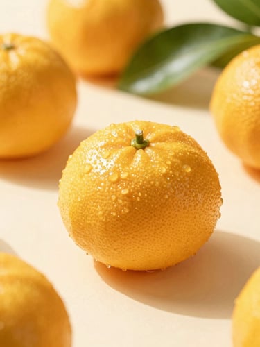Macro close-up of glistening fresh citrus fruits and green leaves on a light cream surface, bright warm morning sunlight, shallow depth of field, 35mm