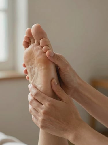 Medium close-up of hands guiding a patient's foot alignment during a therapeutic movement, warm natural light, shallow depth of field, focused on touch and precision.