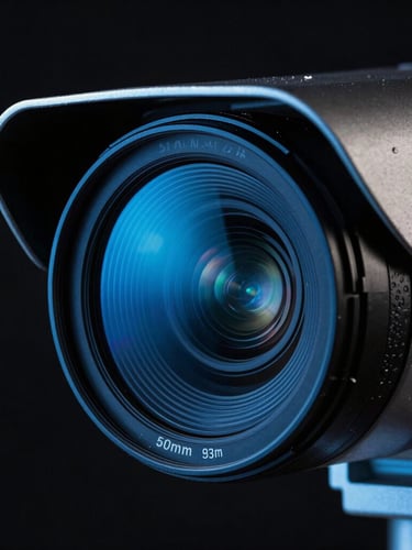 Dramatic high-contrast close-up of a professional security camera lens with sharp neon blue reflections, dark metallic background, crisp studio lighting, 50mm lens