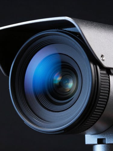Close-up of a high-end security camera lens with sharp neon blue highlights, dark industrial metallic casing, dramatic studio lighting, 50mm lens