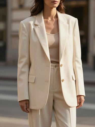 Candid street-style shot of a woman wearing an oversized cream blazer and tailored trousers in Milan, warm golden hour light.