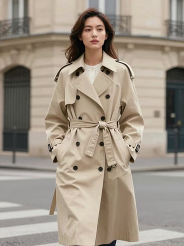 Elegant editorial portrait of a woman in a beige wool trench coat standing on a Parisian street corner, soft natural daylight, muted cream tones.