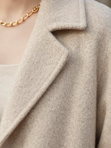 Close-up detail of a textured beige cashmere coat fabric and a gold chain necklace, soft natural daylight, shallow depth of field.