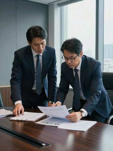 Candid environmental portrait of two corporate strategists analyzing data sheets in a low-key, sophisticated boardroom, cool daylight.