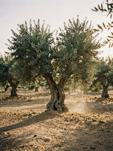 Soft golden hour light over an ancient olive grove in Israel, dust motes in the air, warm documentary style, 35mm film