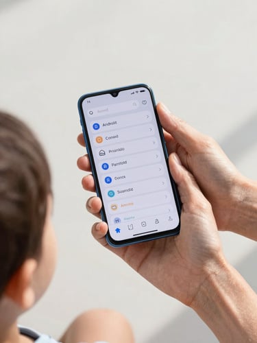 Close-up of three hands of different generations—a child, a parent, and a grandparent—holding a sleek Android phone. Bright daylight, soft minimal background, clean UI on screen.