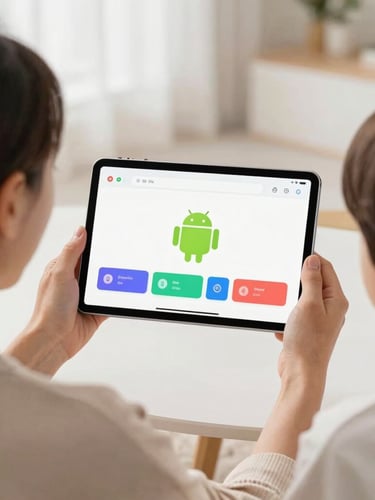 Over-the-shoulder shot of a grandmother and child looking at a clean, colorful Android app on a tablet, bright natural home interior, soft daylight, 35mm lens