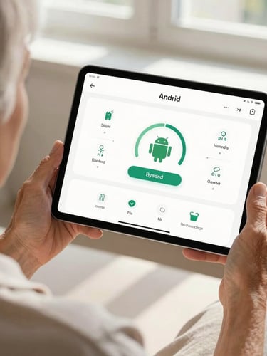 Over-the-shoulder view of a senior user navigating a beautifully clean Android health app on a tablet. Sunlight streaming through a nearby window.