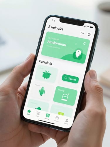 Close-up of a hand holding a modern Android smartphone showing a bright, clean educational app interface with soft green accents, natural morning light, 35mm lens