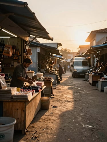 Wide environmental shot of a Van bazaar street at golden hour, a shopkeeper arranging goods on a wooden counter in the left foreground, warm amber light streaming through a narrow passage, storefronts receding into background