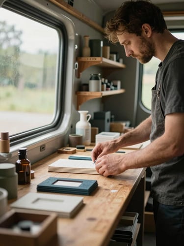 Close environmental shot inside a Van workshop, craftsman's hands arranging goods on a wooden counter under soft window light, shelves of handmade products visible in background, natural daylight, no artificial lighting