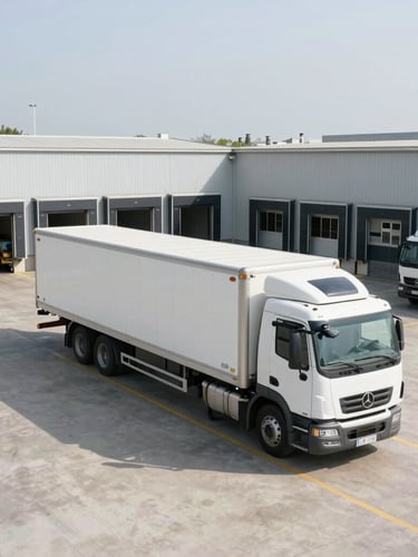Wide-angle environmental view of a modern refrigerated transport fleet parked at a clean, bright industrial loading dock during crisp daylight.