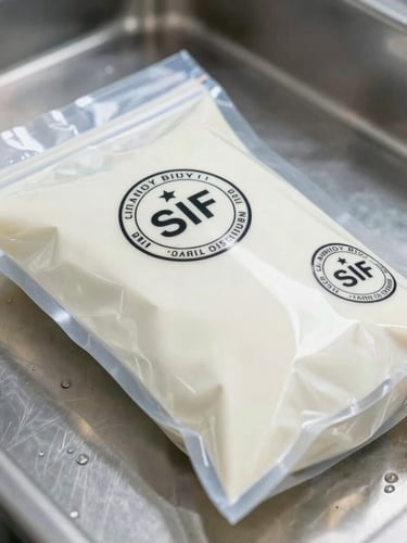 Close-up of industrial dairy packaging with official SIF inspection stamps, clean steel background, cold bright lighting