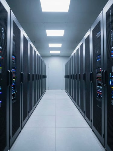 Wide panoramic view of a hyperscale data center corridor, cool blue-white overhead lighting casting sharp shadows on server rack rows, camera framing low and slightly off-center to the right, empty aisle receding into darkness, clinical and precise