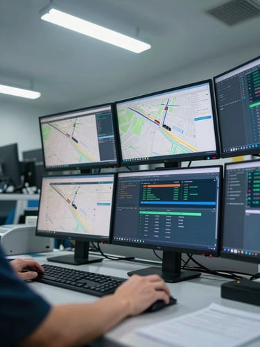 Downward angle on a logistics operations workstation, multiple monitors showing live route maps and fleet telemetry, cool overhead fluorescent light, a hand resting near a mouse, focus on the screen data not the person, clinical and precise