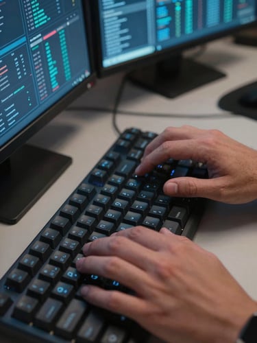 Extreme close-up overhead of a developer's hands on a mechanical keyboard, dual monitors reflecting fintech dashboard data in cool blue light, sharp focus on the keys and faint screen glow on skin, clinical studio lighting