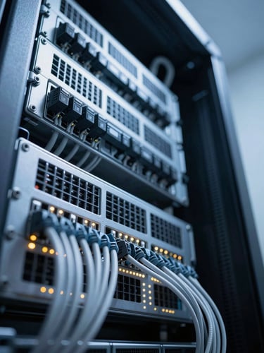 Extreme close-up of a server rack backplane under cool clinical blue-white studio lighting, dense cable bundles and blinking indicator LEDs sharp in foreground, background falling to deep shadow, downward angle emphasizing infrastructure depth