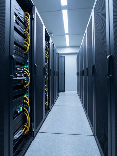 Wide environmental shot looking down a corridor of server racks under cold clinical blue-white light, cables bundled with precision, status LEDs glowing along the left edge, deep perspective drawing the eye inward