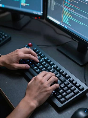 Extreme close-up overhead angle of two engineers' hands on a mechanical keyboard at a workstation, dual monitors casting cool blue light across a dark desk surface, terminal windows visible mid-scroll, no faces in frame
