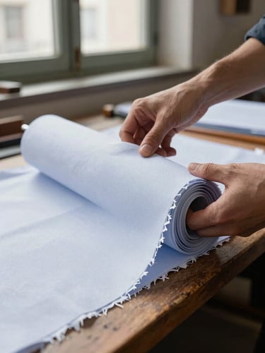 Tight close-up of a tailor's hands holding a rolled bolt of fine shirting cloth in daylight at an atelier in Milan, fabric end falling open to reveal the weave, north-facing window light, no flash