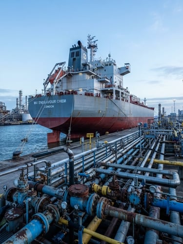 Low-angle industrial photography of a massive maritime chemical tanker docked at a deepwater port, steel pipes and valves in sharp focus under crisp morning daylight.