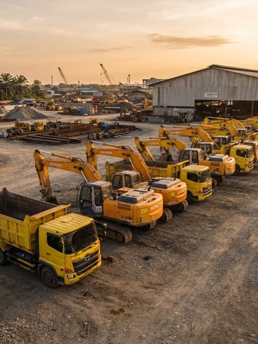 A clean alignment of yellow heavy excavators and dump trucks parked in an Indonesian industrial supply yard at early morning golden hour.