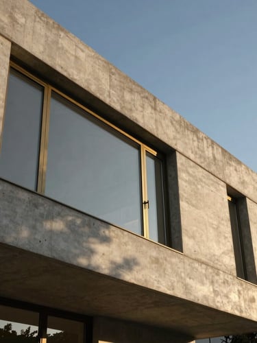 Low-angle architectural elevation of a concrete villa with sharp lines and brass window frames, shot during golden hour with dramatic shadows