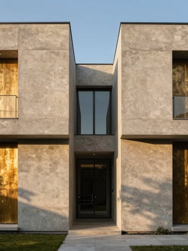Symmetric low-angle architectural elevation of a modern concrete and brass villa under dramatic golden hour light, strong shadows.