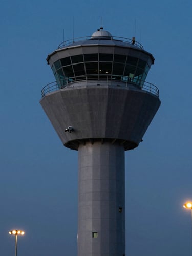 Low-angle heroic shot of an air traffic control tower against a dark blue twilight sky, sharp gold runway lights in the background