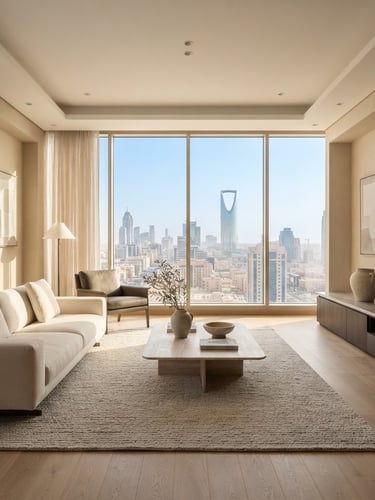 Bright modern apartment interior in Riyadh, straight-on architectural shot, warm morning daylight streaming through a large window, clean minimalist furniture, high-end interior design
