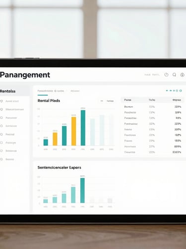 A clean modern tablet mockup displaying a property management dashboard with charts of rental yields and active maintenance requests, bright morning light